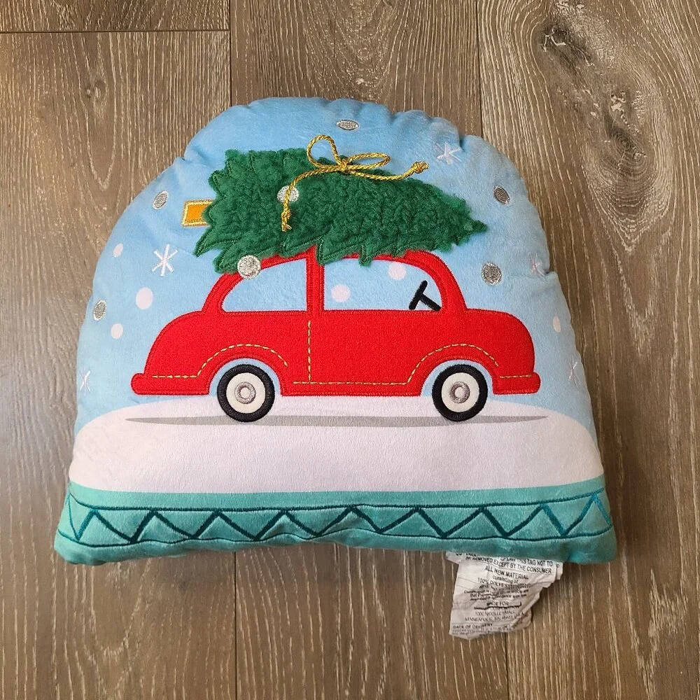 Christmas Pillow Holiday Decor Red Car with Christmas Tree Snow Globe Scene